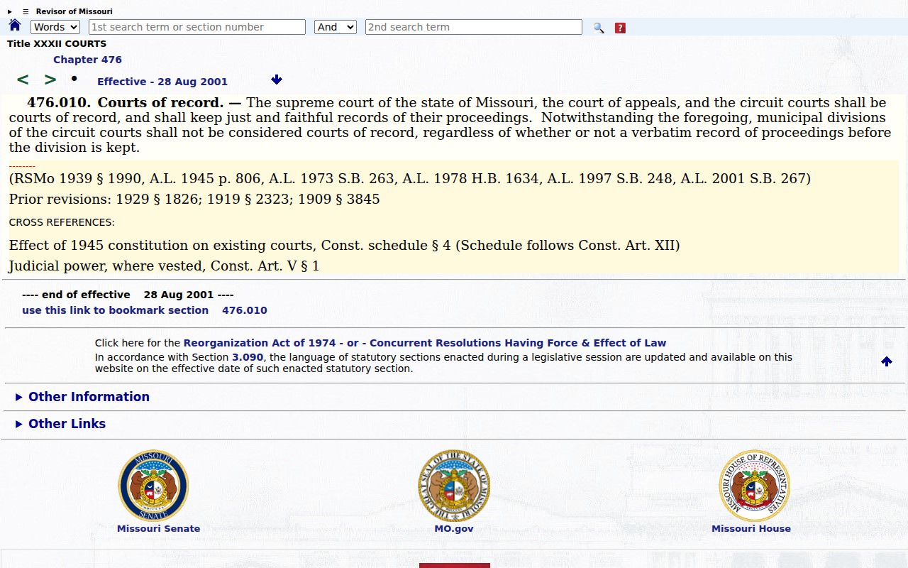 New Madrid County court record source for Missouri circuit courts as courts of record