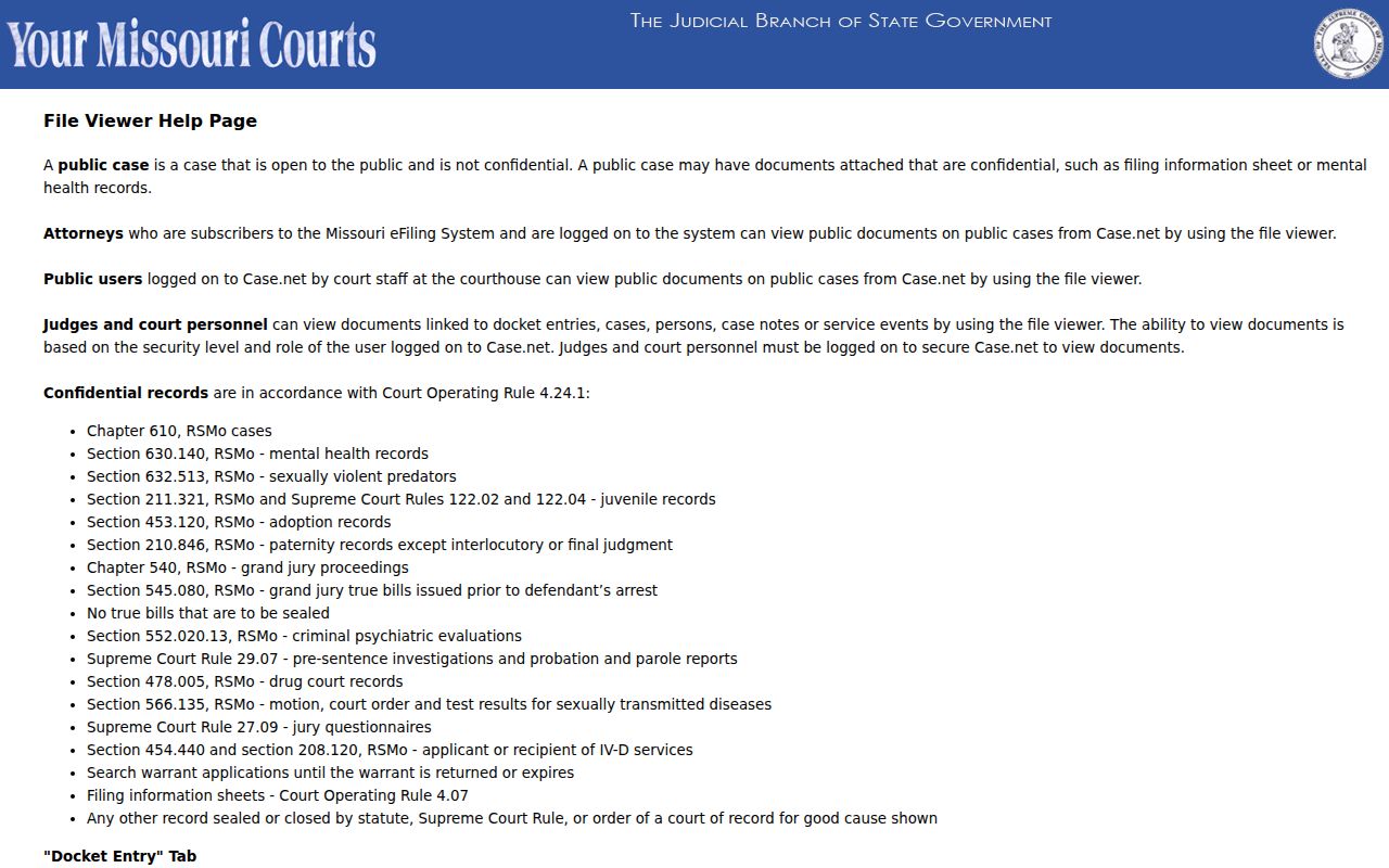New Madrid County criminal docket entry links and document visibility