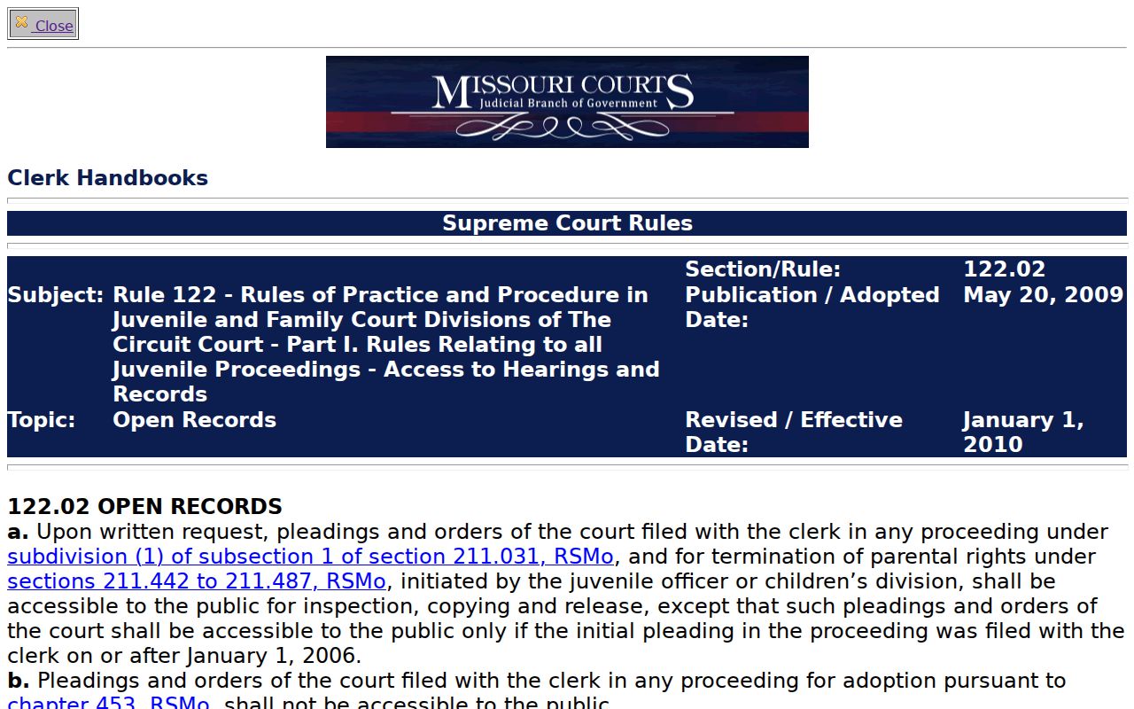 New Madrid County criminal docket juvenile and family record access limits