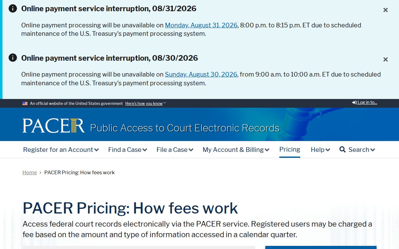 New Madrid County Marston court record source discussing federal PACER access and fees