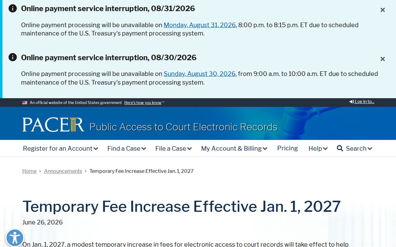 New Madrid County Marston court docket source showing a federal PACER fee-change announcement