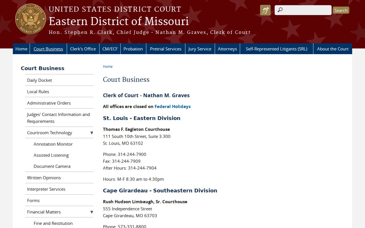 New Madrid County Matthews court record source showing federal court business information