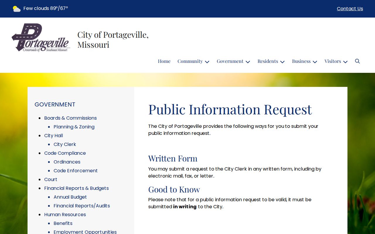 New Madrid County Portageville court record source showing the city public-information request channel