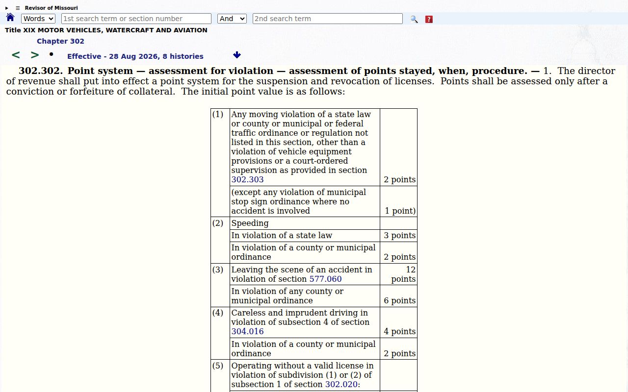New Madrid County traffic ticket source distinguishing court records from Missouri driver-point statutes