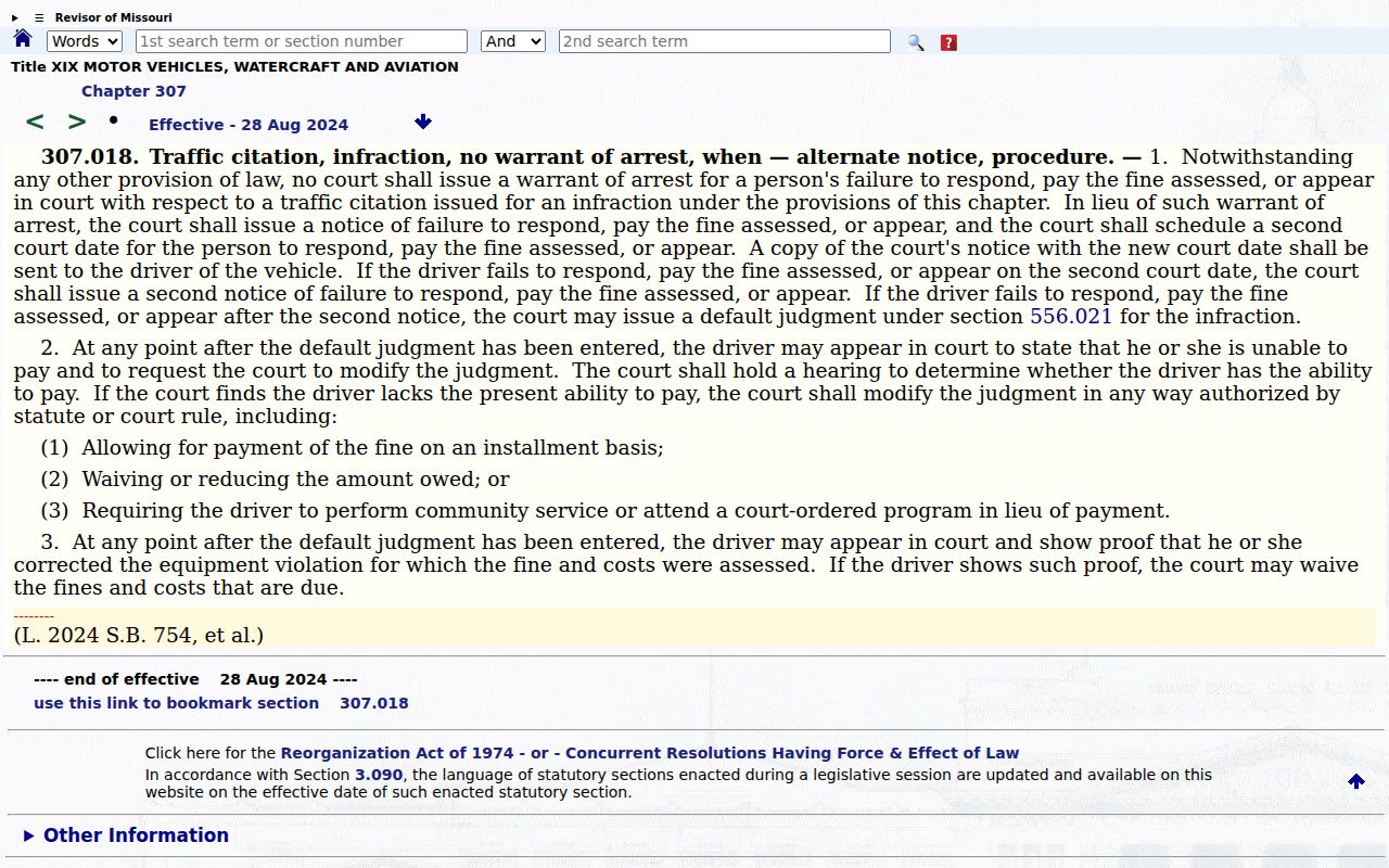 New Madrid County traffic ticket source for Missouri infraction and failure-to-appear statutory context