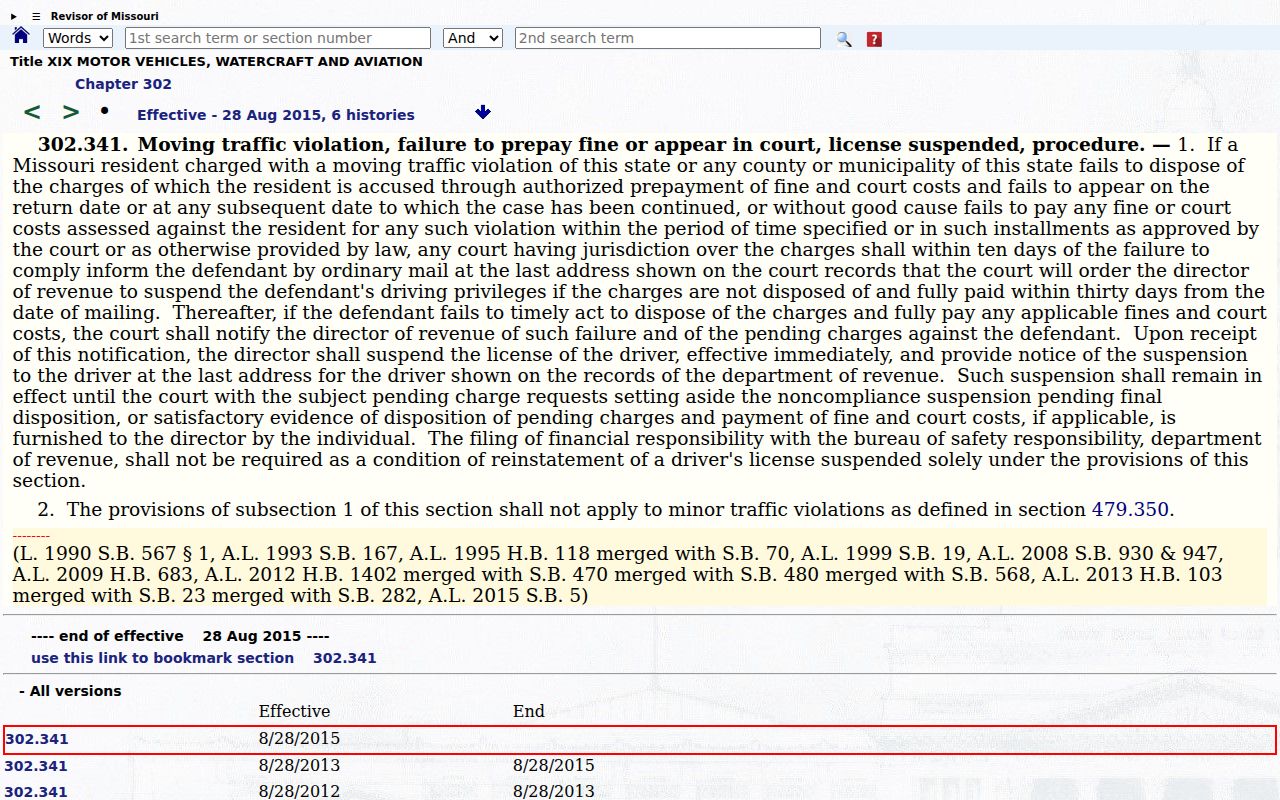 New Madrid County traffic ticket source for Missouri failure-to-pay or failure-to-appear notice rules